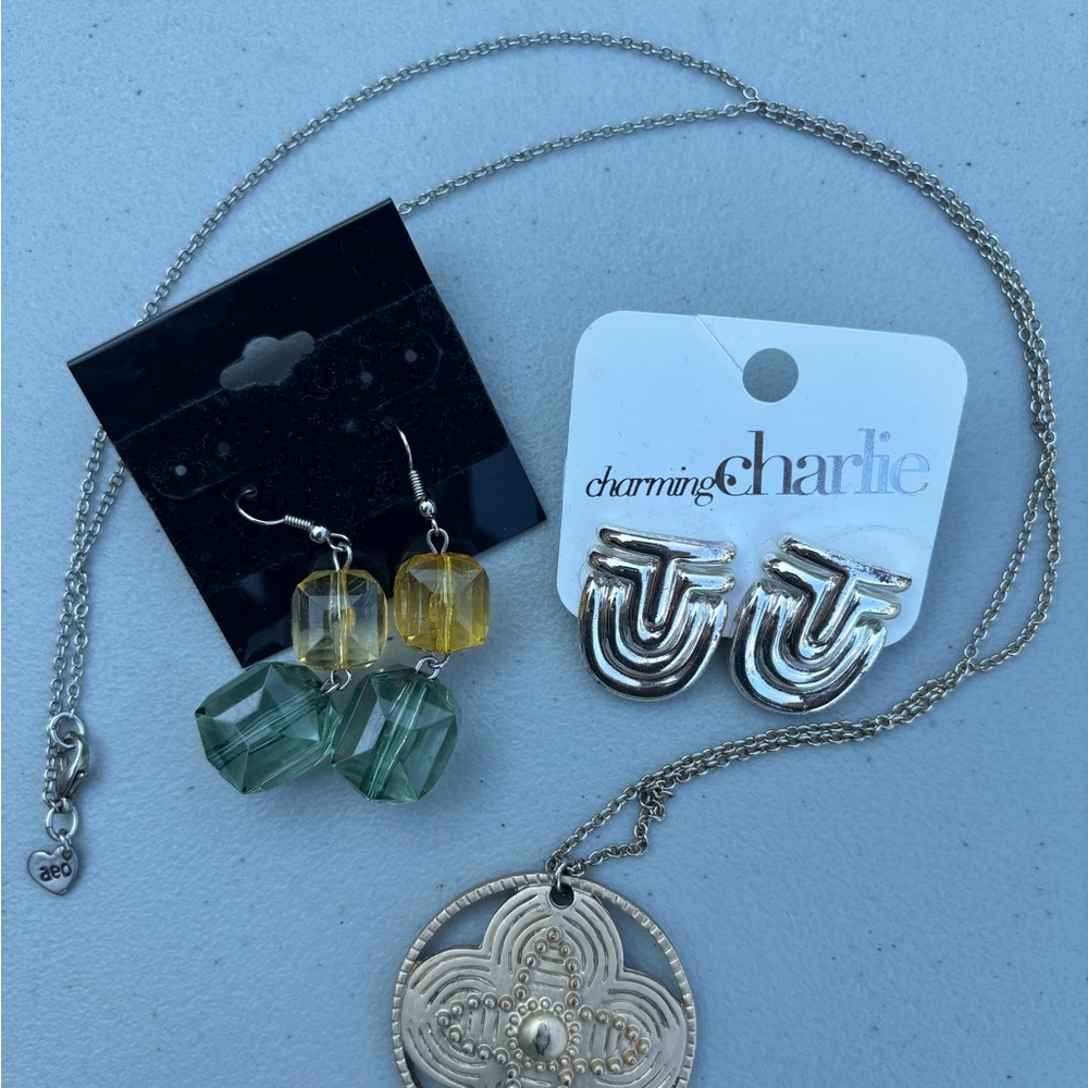 Charming Charlie Earring Set+Big Golden Green Bead Earrings+silver chain+pendant